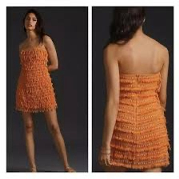 Anthropology Let Me Be Strapless Coral Fringe Mini Dress XXS - Picture 4 of 10